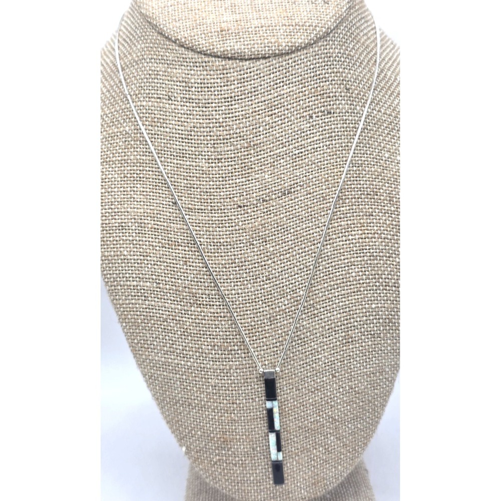 Opal Onyx Bar Pendent Reversible Sterling Silver Inlays Liquid Silver‎ Chain 17"